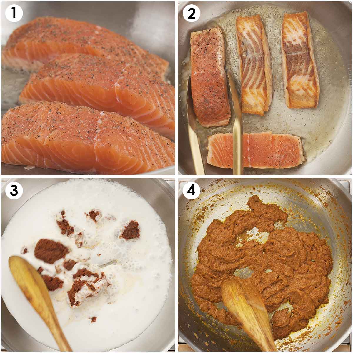 4 image collage showing how to cook salmon and how to cook red curry paste with coconut milk.