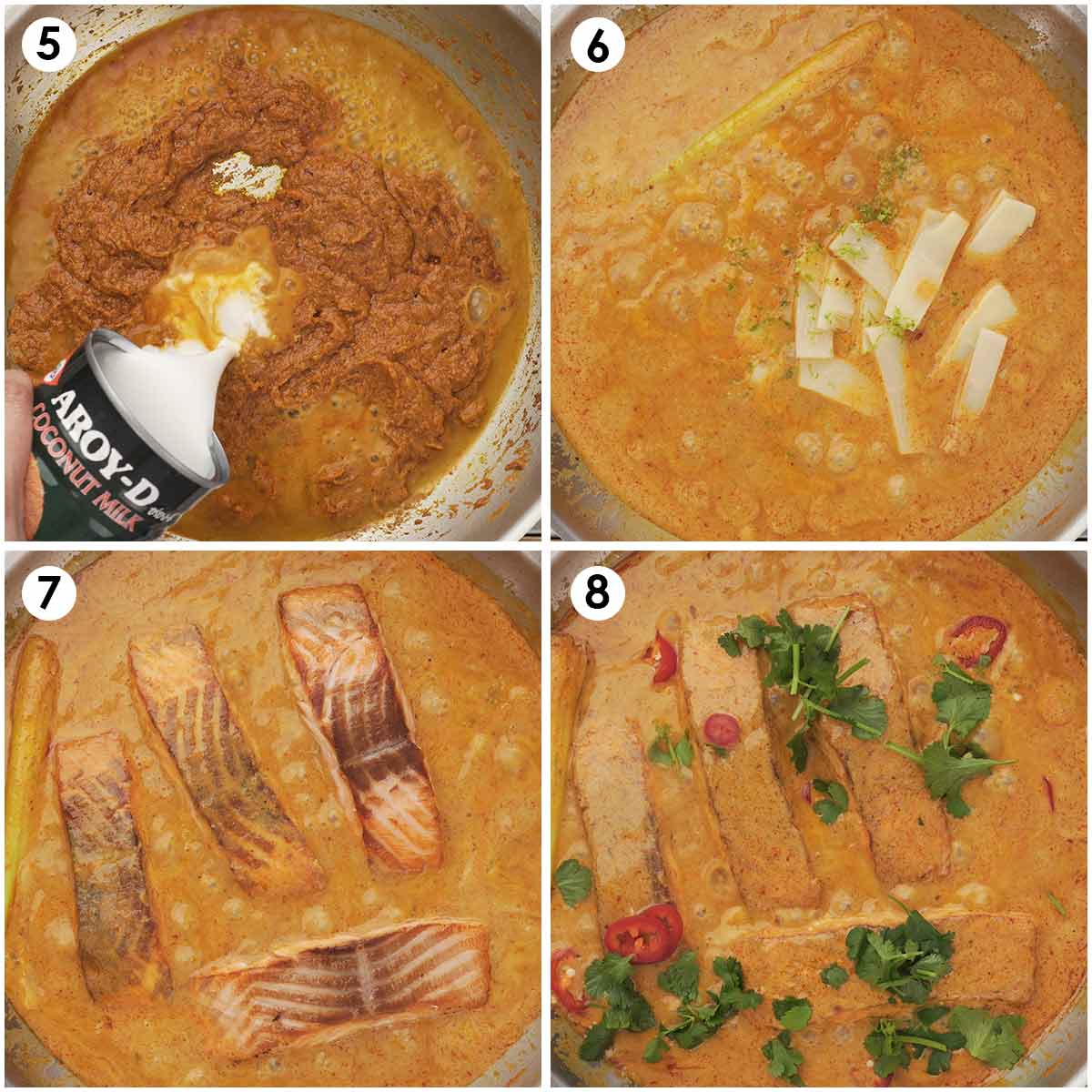 4 image collage showing how to cook salmon with creamy coconut milk curry sauce.