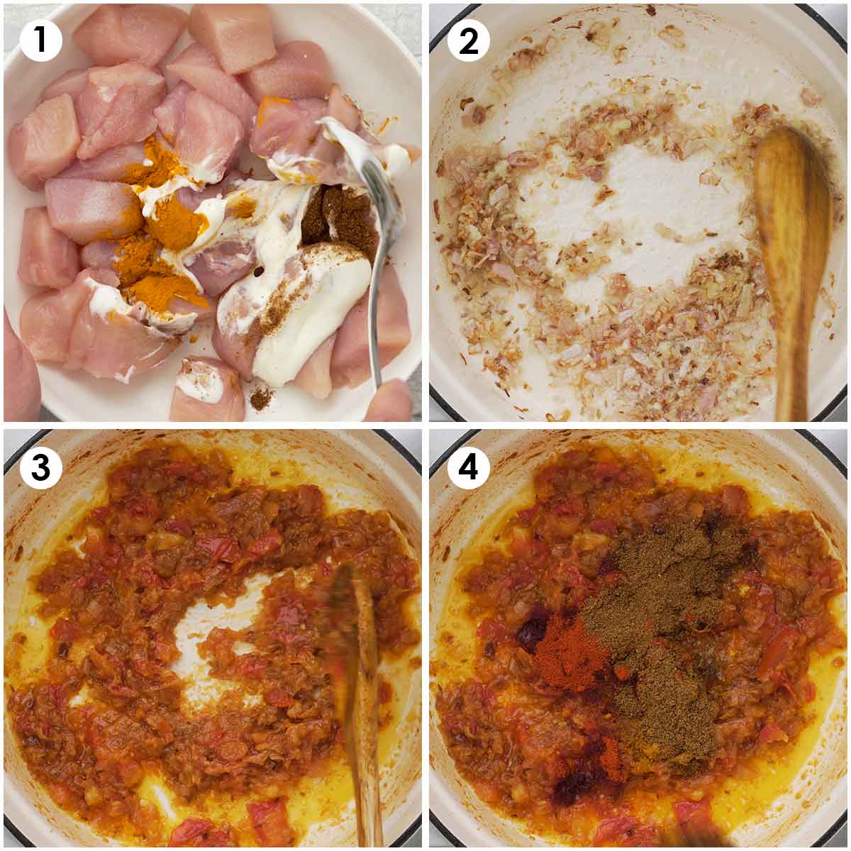 4 image collage showing how to prepare chicken marinade and curry sauce. 