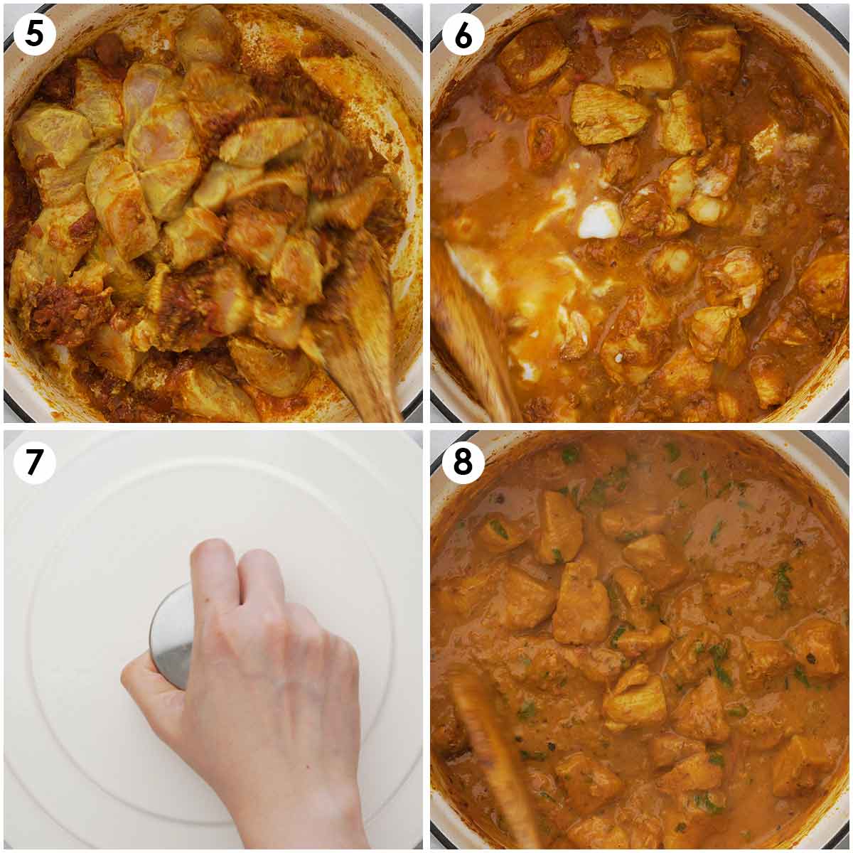4 image collage showing how to cook chicken curry with cream. 