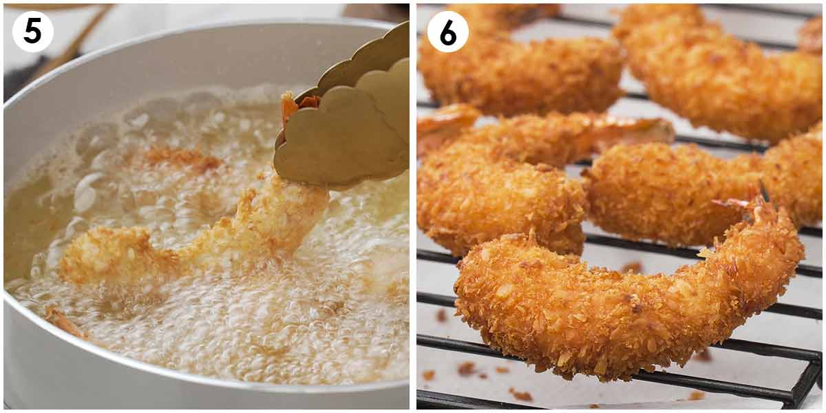 Two image collage showing how to deep fry the coconut shrimp.