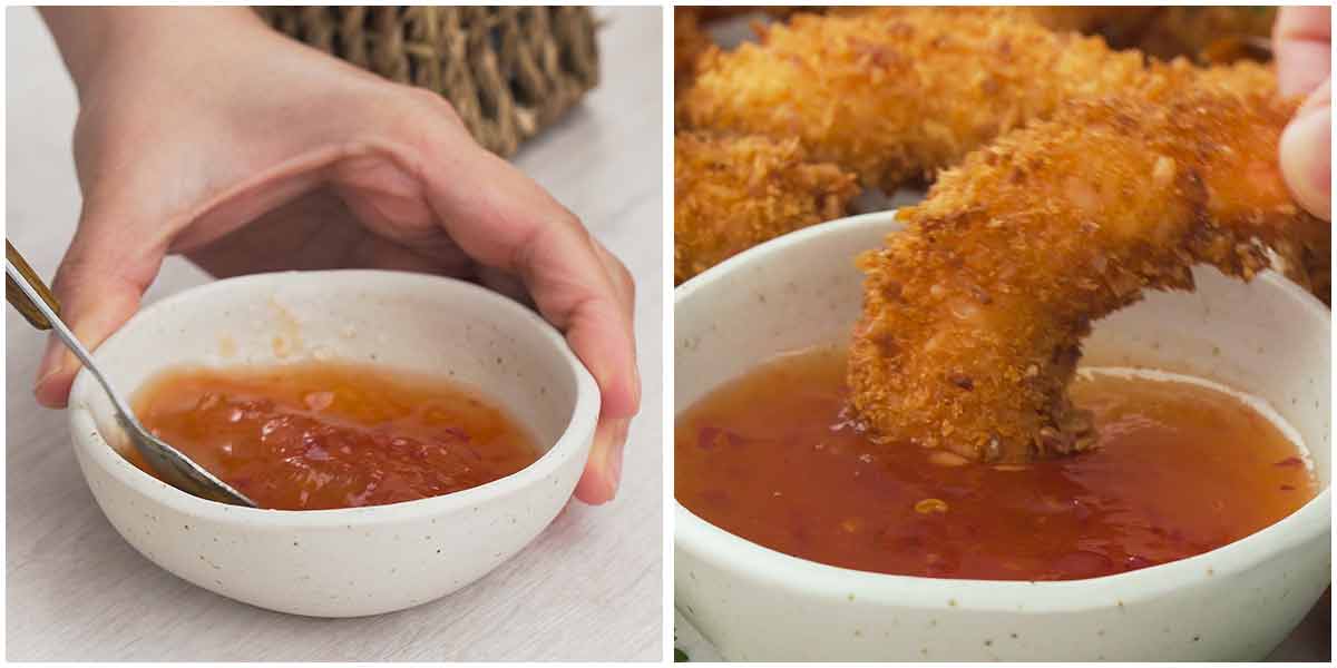 Two image collage showing how to prepare dipping sauce for crispy coconut prawn.
