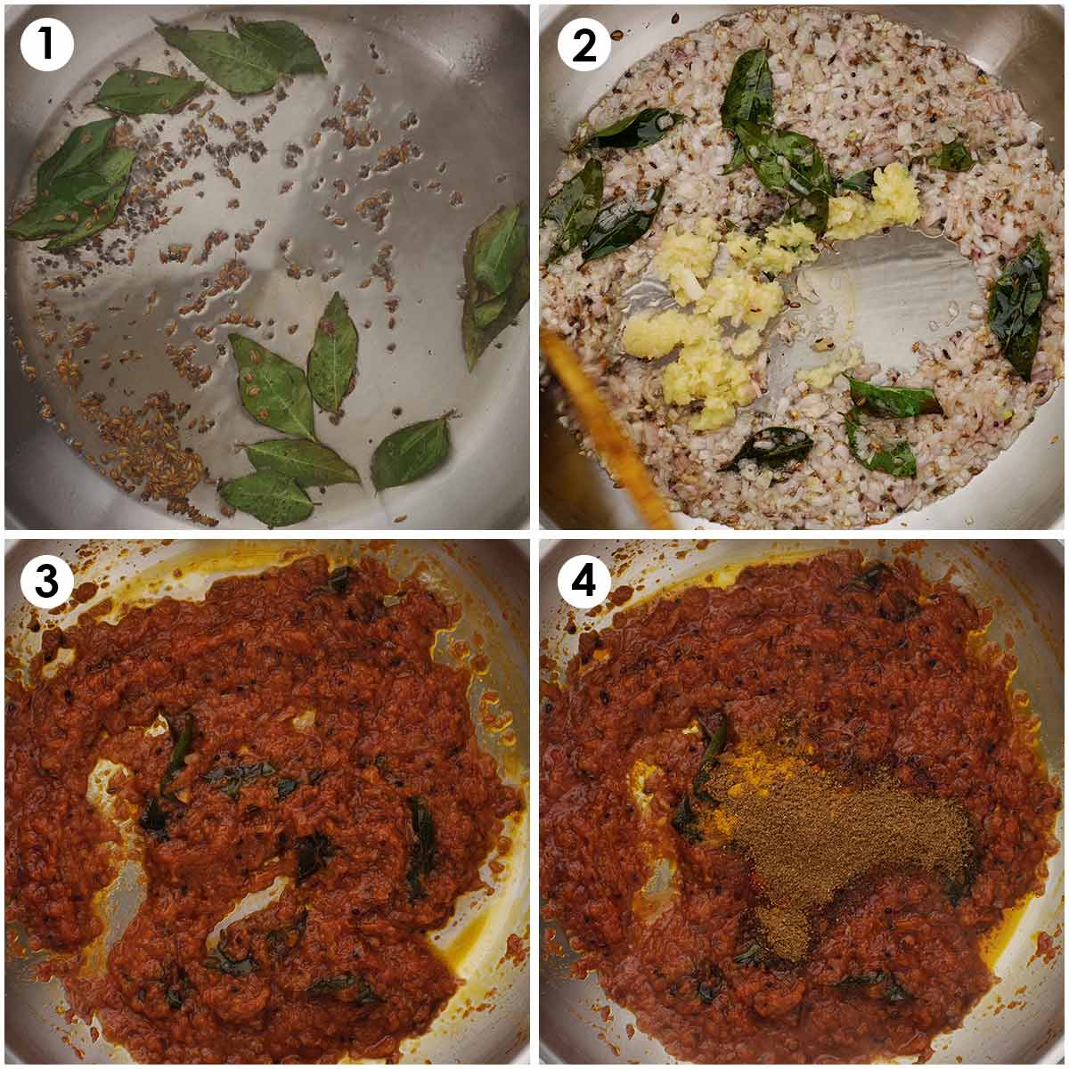 4 image collage showing how to saute onions, garlic, ginger and tomatoes with spices.