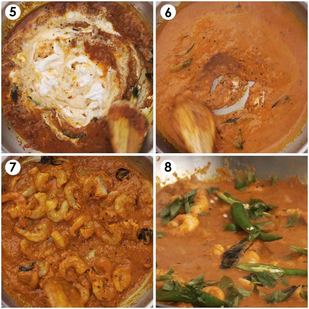 4 image collage showing how to cook prawns in coconut milk curry sauce.