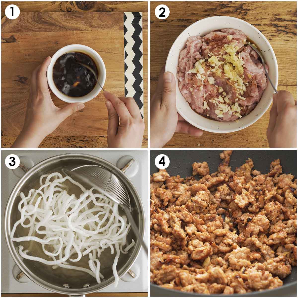 4 image collage showing how to prepare stir fry sauce, chicken mince and fry rice sticks.