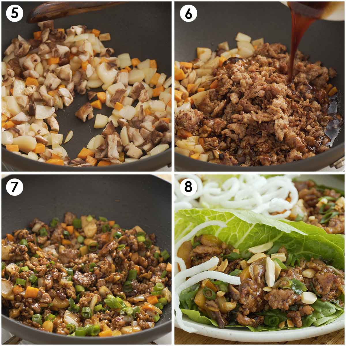 4 image collage showing how to stir fry vegetables with mince chicken and how to assemble the lettuce wrap.