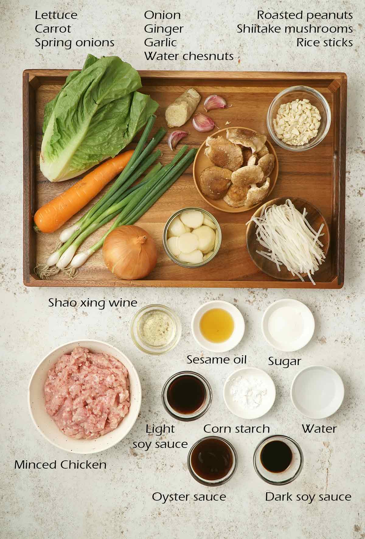 Labelled ingredients display on the white table.