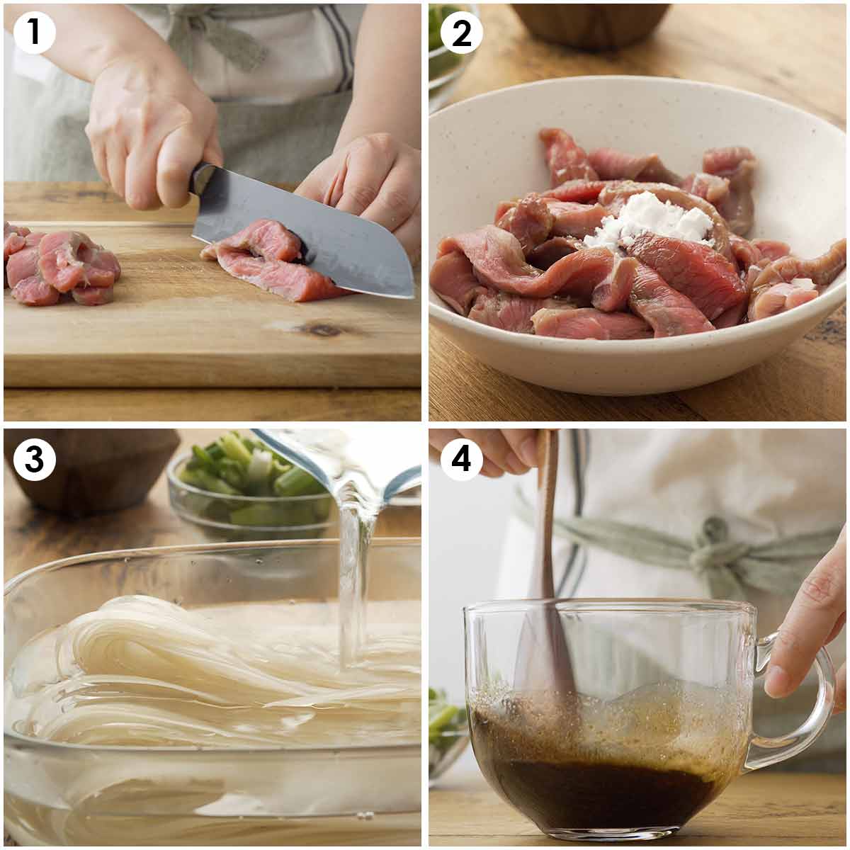 4 image collage how to prepare beef marinade, rice noodles and stir fry sauce. 
