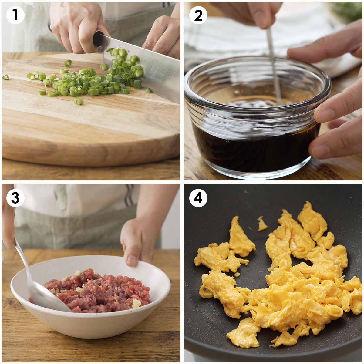4 image collage showing how to prepare vegetables, stir fry sauce, beef marinade and fried egg.