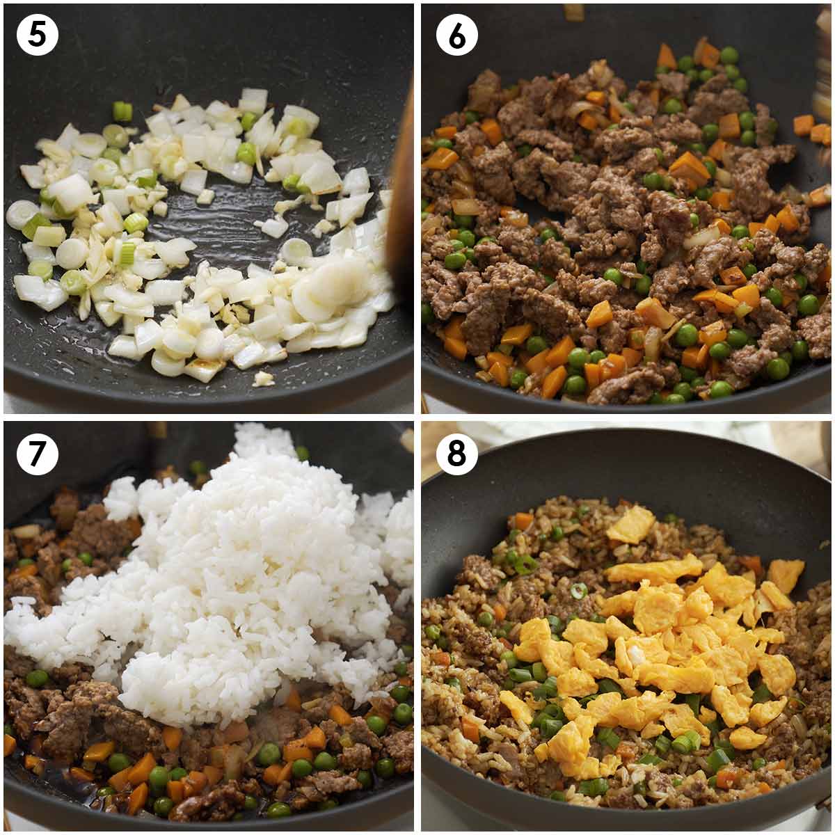 4 image collage showing how to stir fry rice with vegetables, ground meat, and egg. 