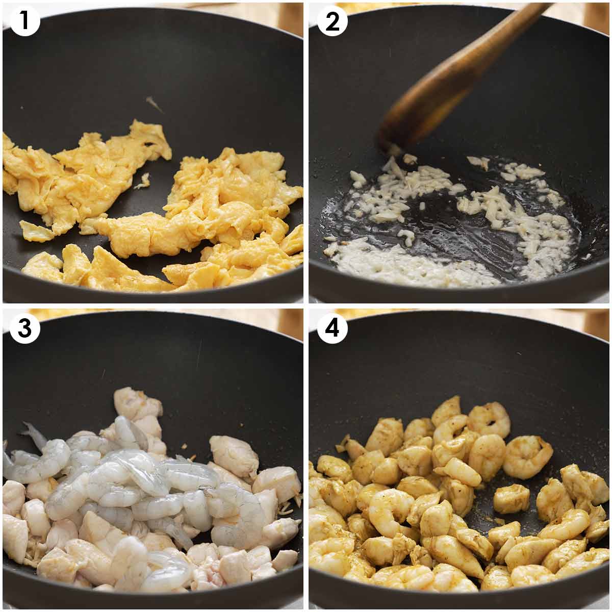 4 image collage showing how to prepare egg, chicken and prawns. 