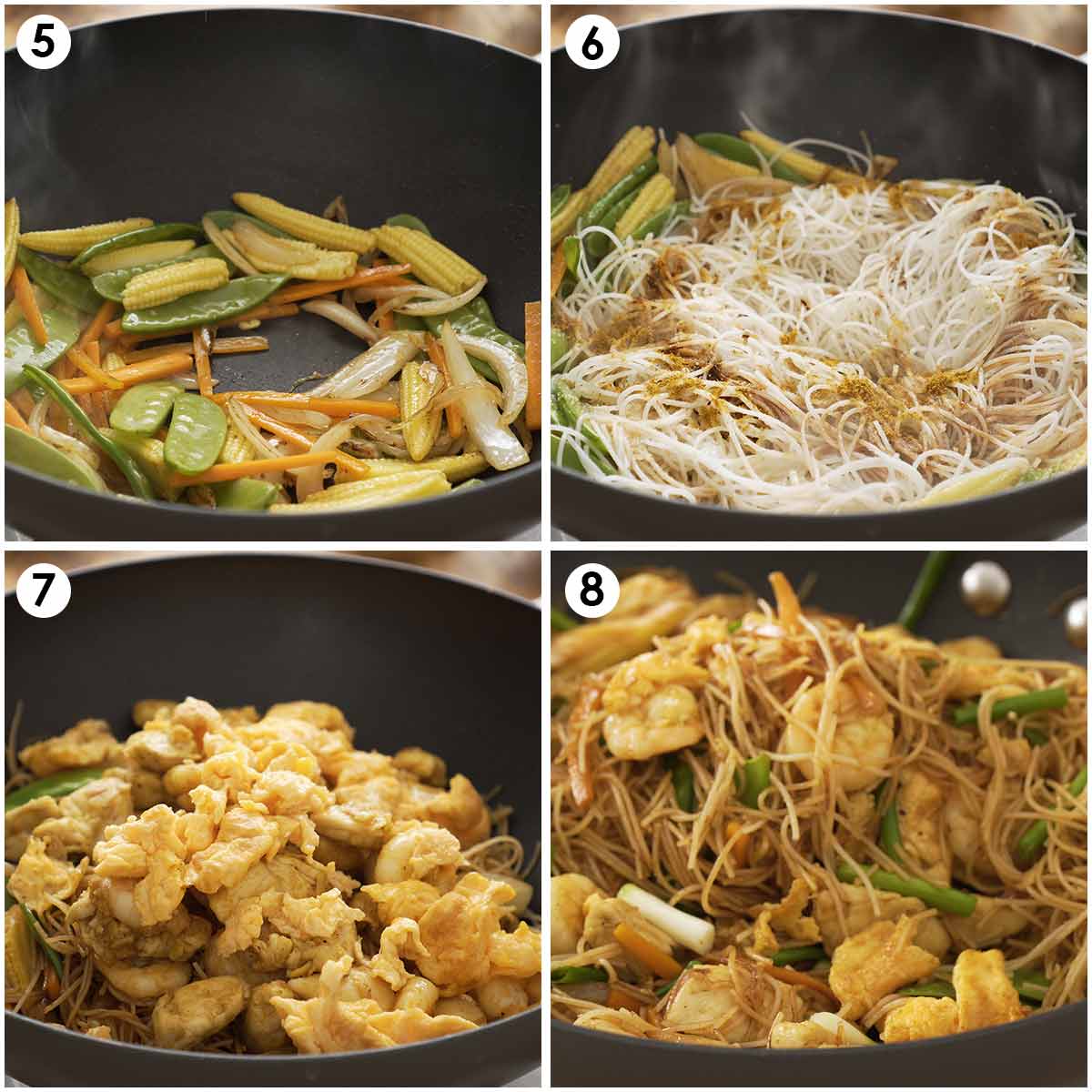 4 image collage showing how to stir fry vegetables, rice noodles, chicken, egg, and prawns.