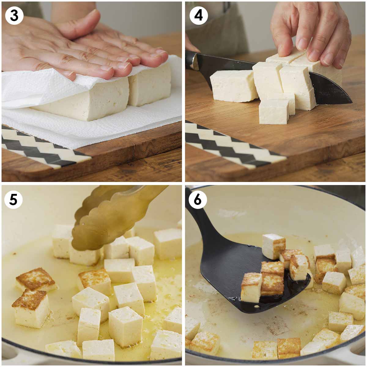 4 image collage how to prepare and pan-fry tofu.