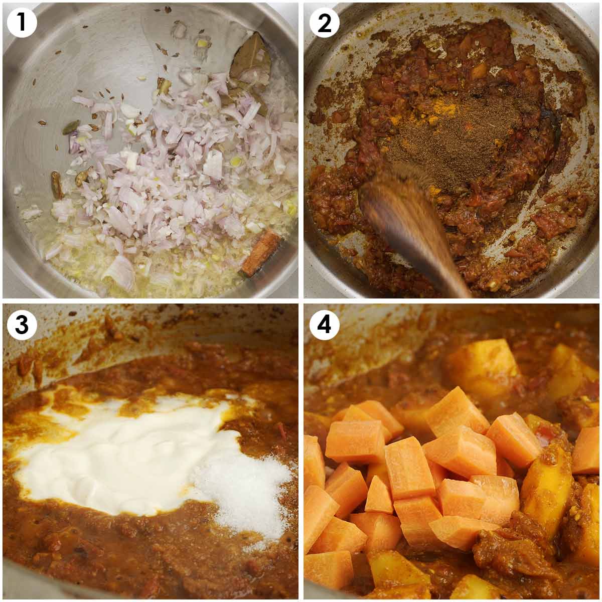 4 image collage showing how to cook curry sauce with tomatoes, Indian spices, and vegetables. 