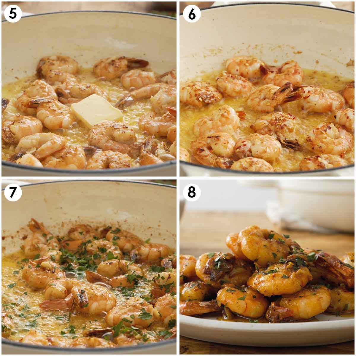 4 image collage showing how to sautee prawns with butter, chilli, and parsley. 