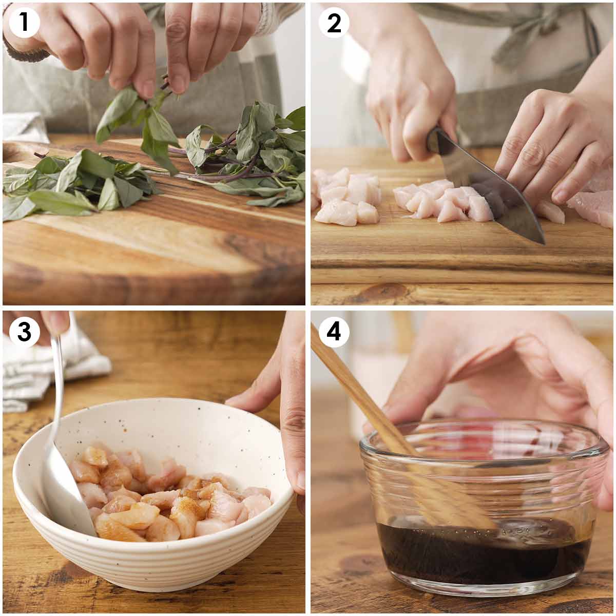 4 image collage showing how to prepare chicken, vegetables and stir fry sauce. 