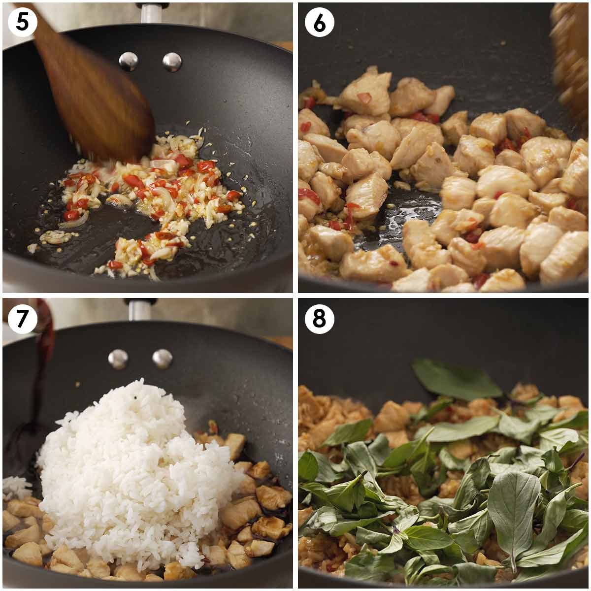 4 image collage showing how to make fried rice with basil and chicken.