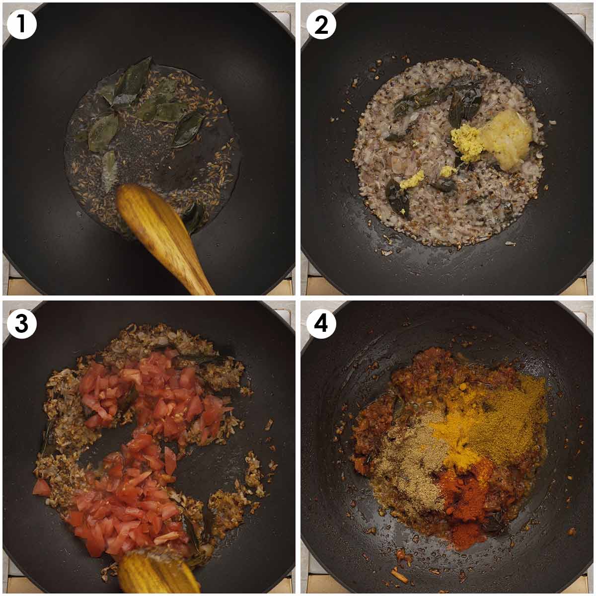 4 image collage showing how to prepare curry sauce with onions, tomatoes and spices. 