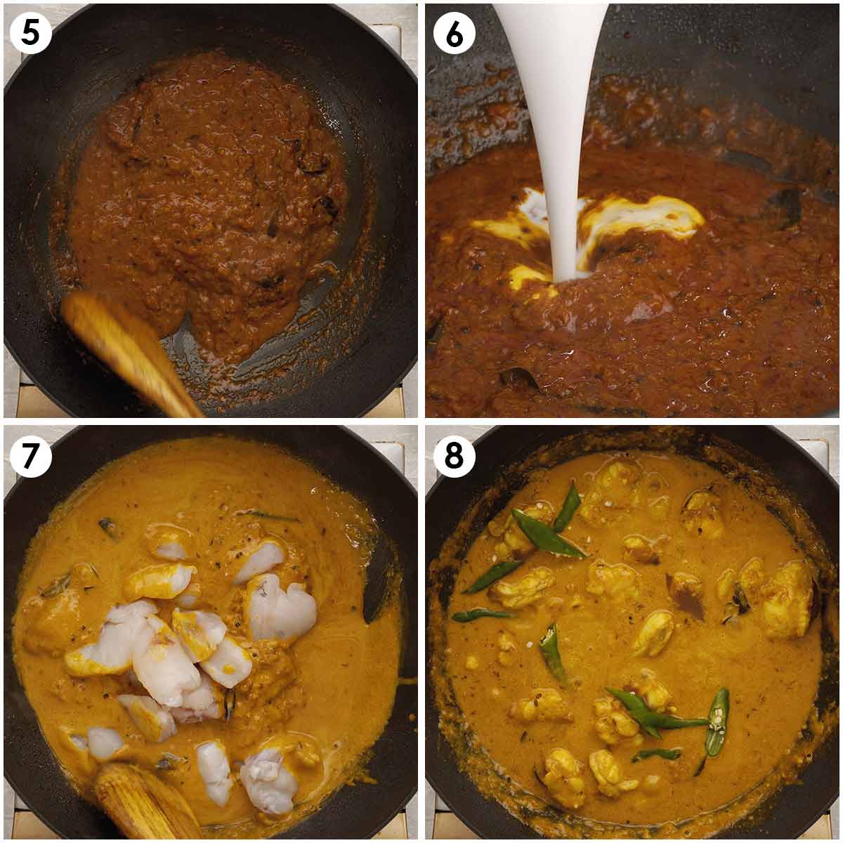 4 image collage showing how to cook fish in tomato and coconut curry sauce. 
