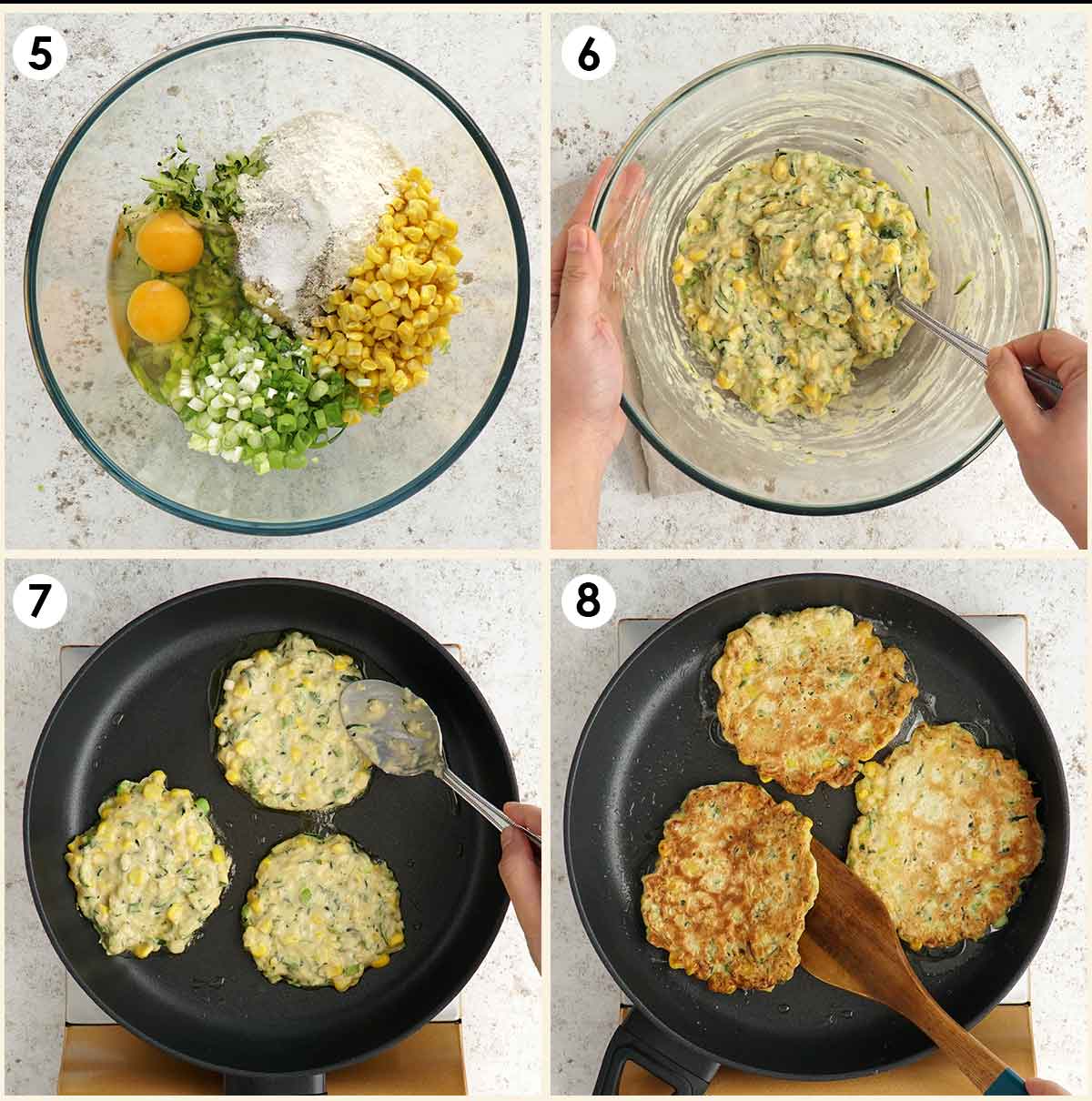 4 image collage showing how to mix the batter and how to pan fry the fritters. 