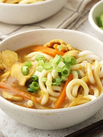 A soup bowl containing, udon noodles with chicken, carrot, spring onions, and thick curry broth.