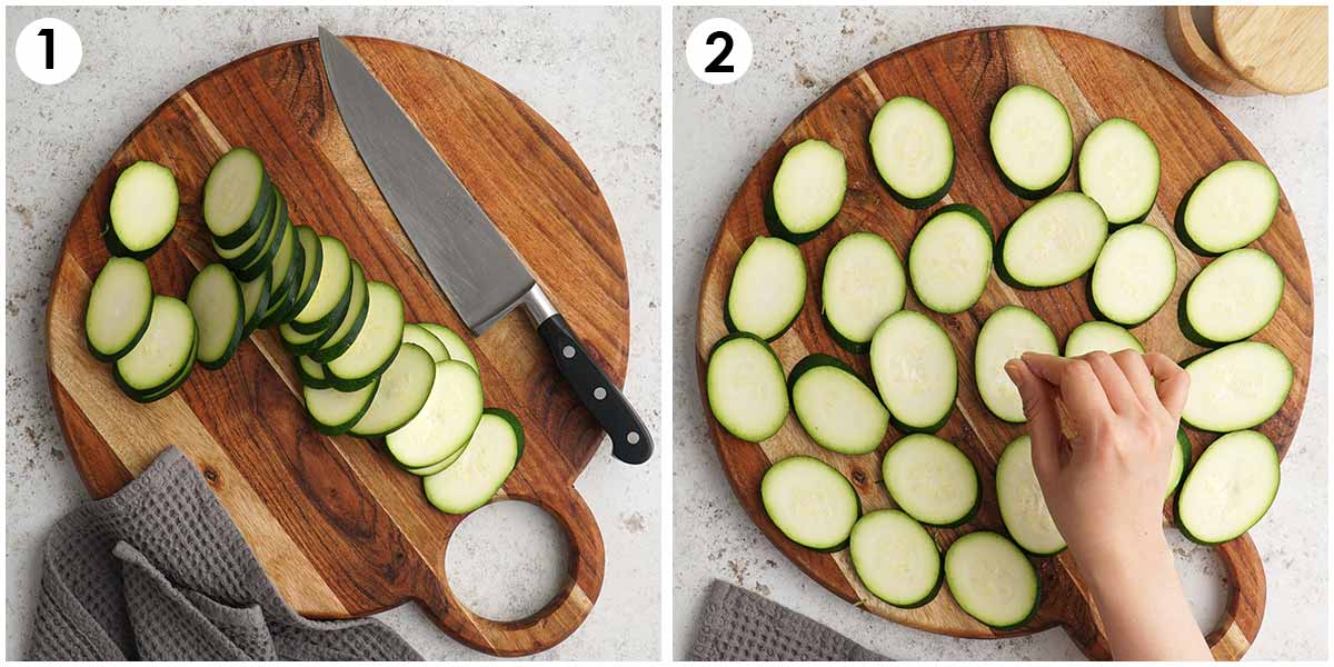 2 image collage showing how to slice courgette and how to season with salt. 