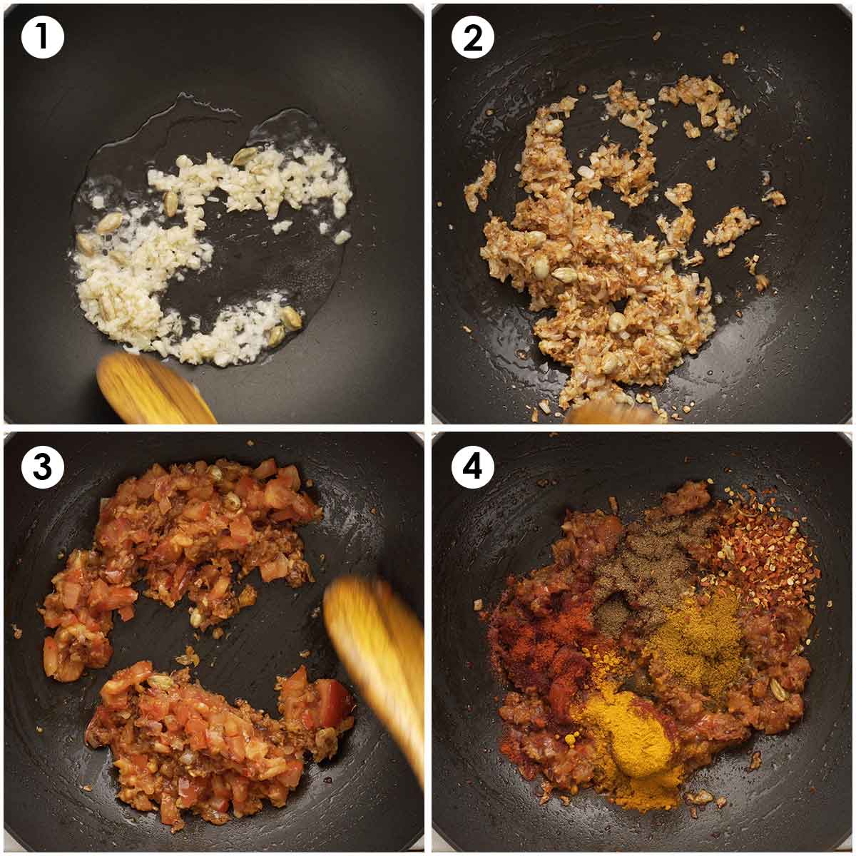 4 image collage showing how to prepare curry sauce with garlic, onion, tomatoes, chilli, and spices. 