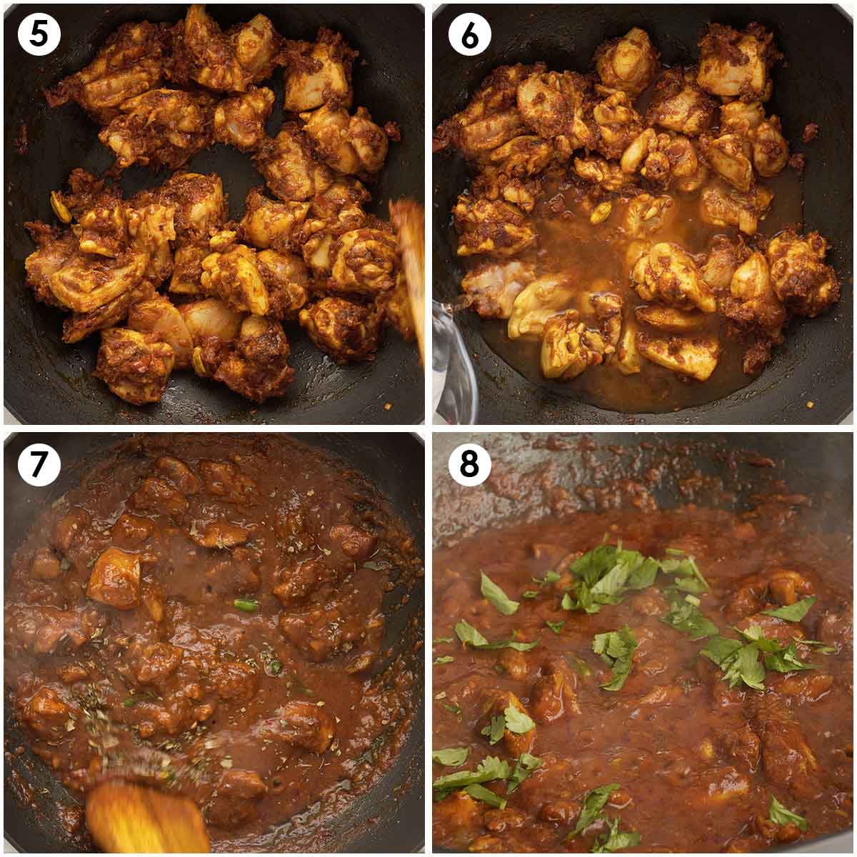 4 image collage showing how to cook chicken thigh pieces in the curry sauce. 