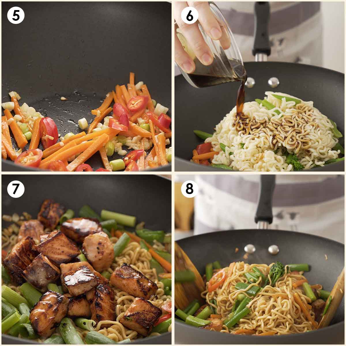 4 image collage showing how to cook noodles with vegetables, salmon, and stir fry sauce. 