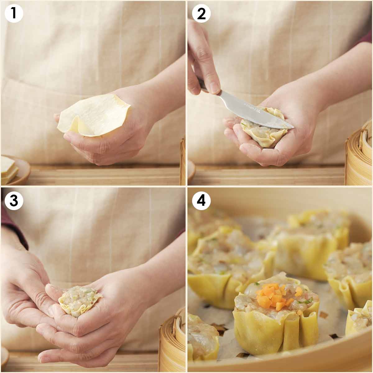 4 image collage showing how to wrap Shu Mai dumpling.