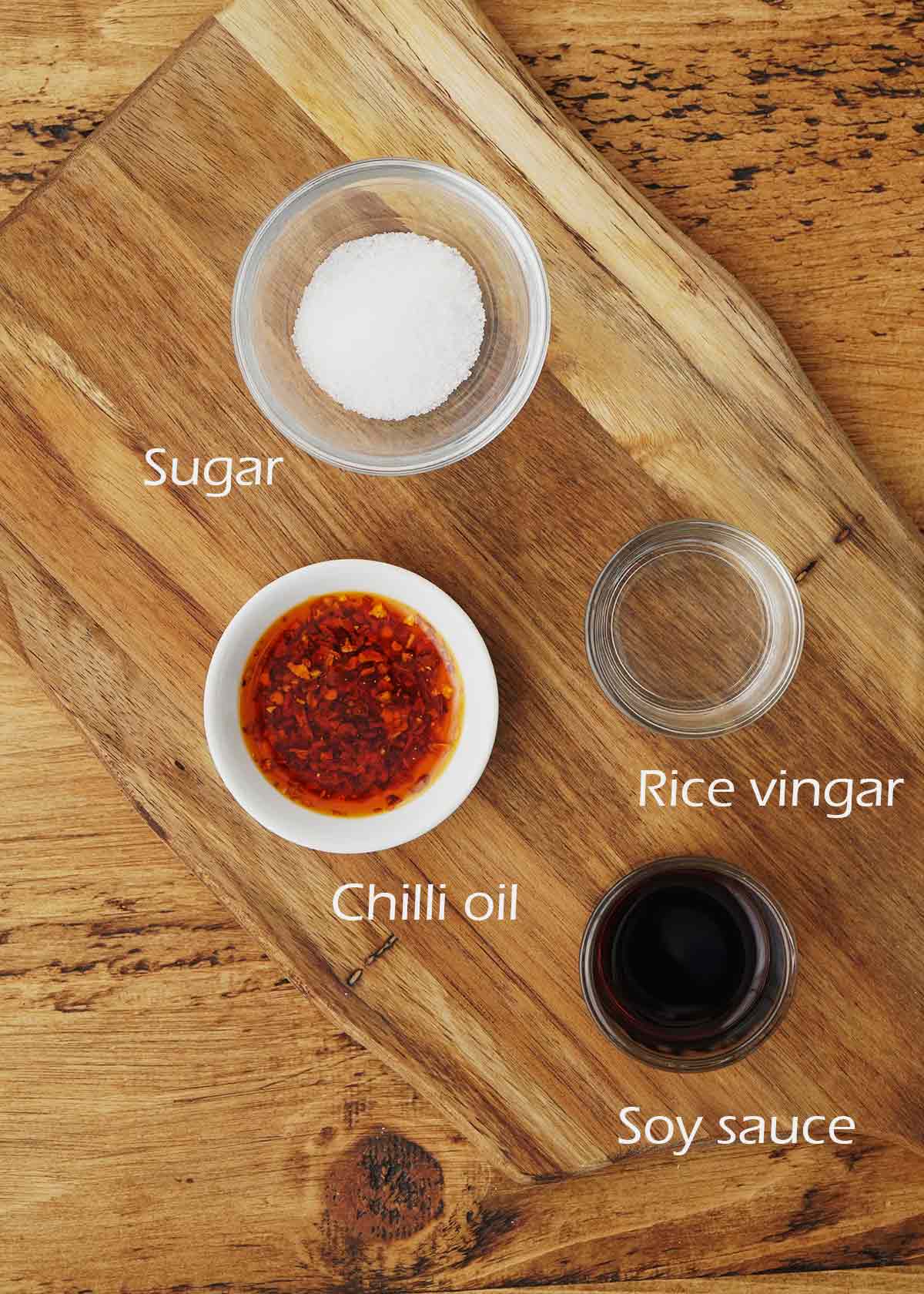 Labelled ingredients of making gyoza dipping sauce. 