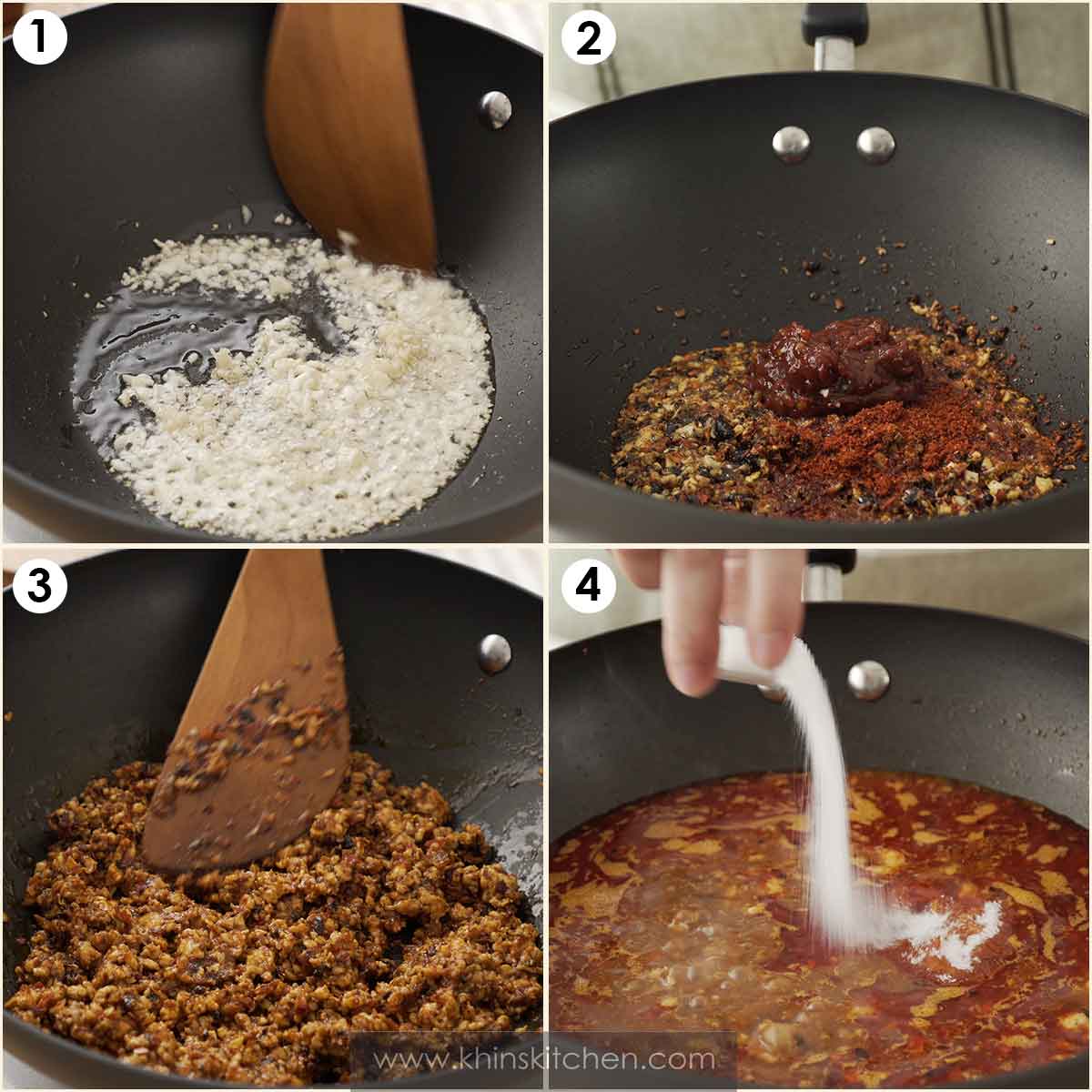 4 image collage showing how to stir fry minced meat and sauce.