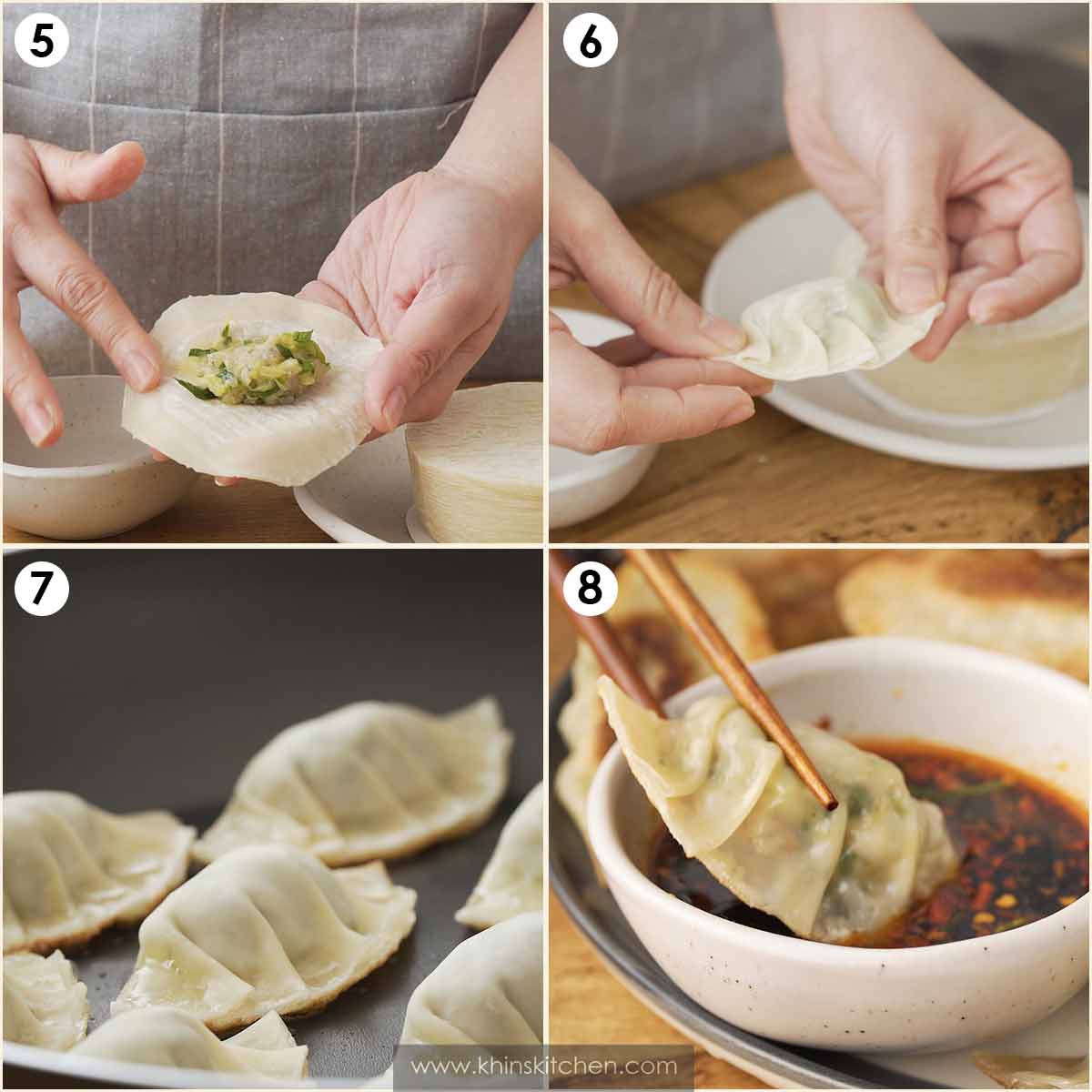 4 image collage showing how to fold gyoza and how to pan fry it. 