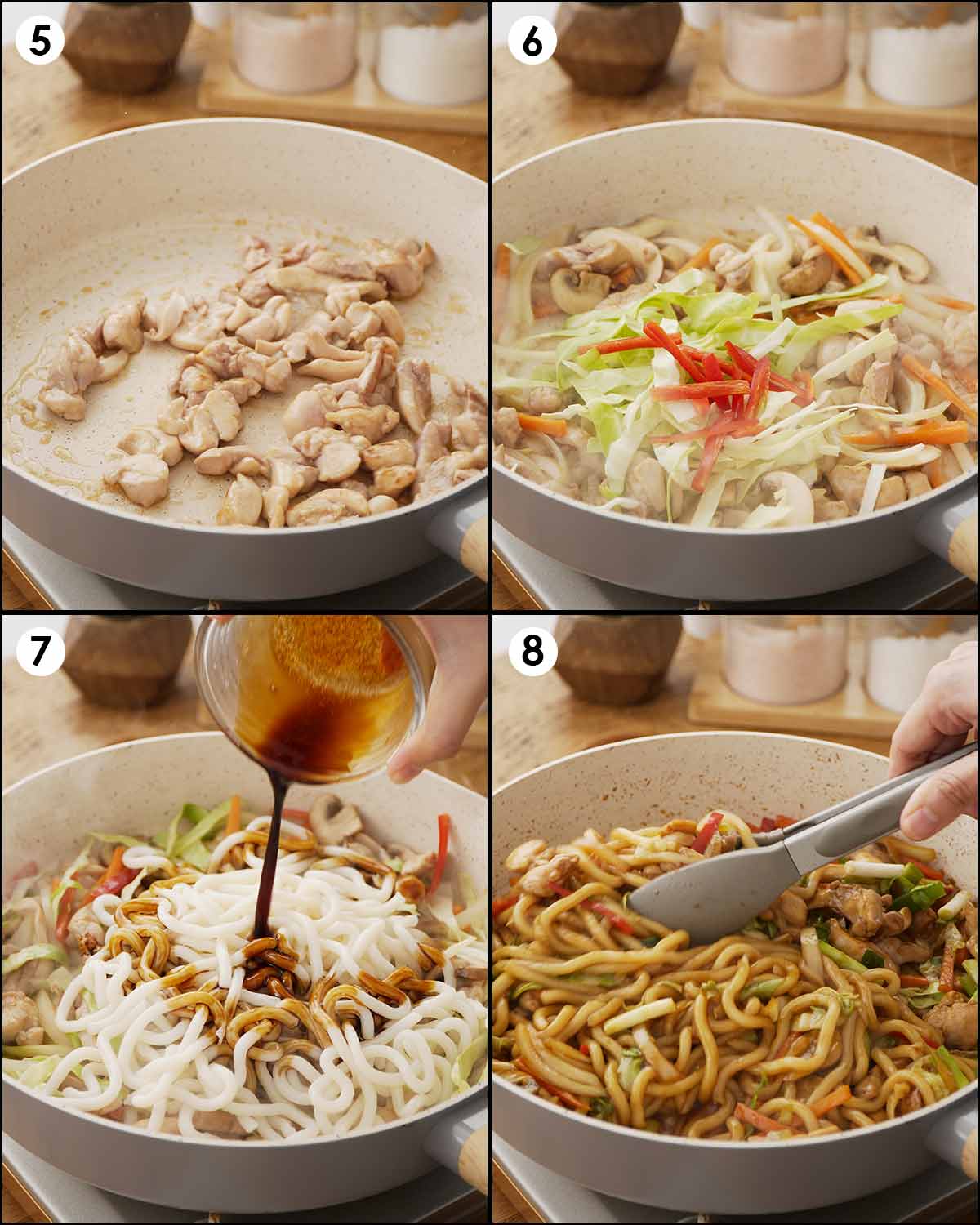 4 image collage showing how to stir fry chicken, vegetables, and udon noodles. 