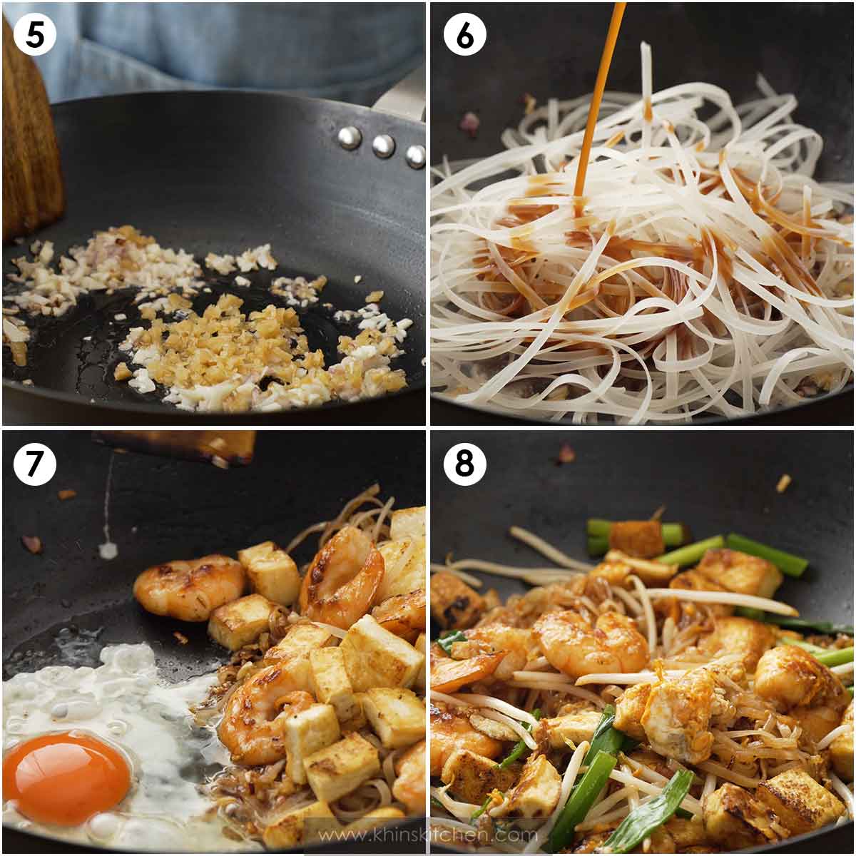 4 image collage showing how to stir fry noodles with prawns, tofu, eggs, and vegetables. 