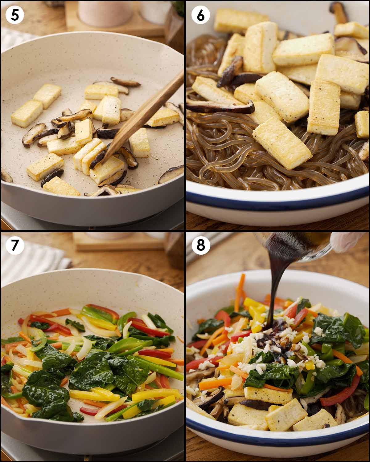 4 image collage showing how to stir fry tofu, vegetables, and how combine with the sweet potato noodles and sauce mix. 