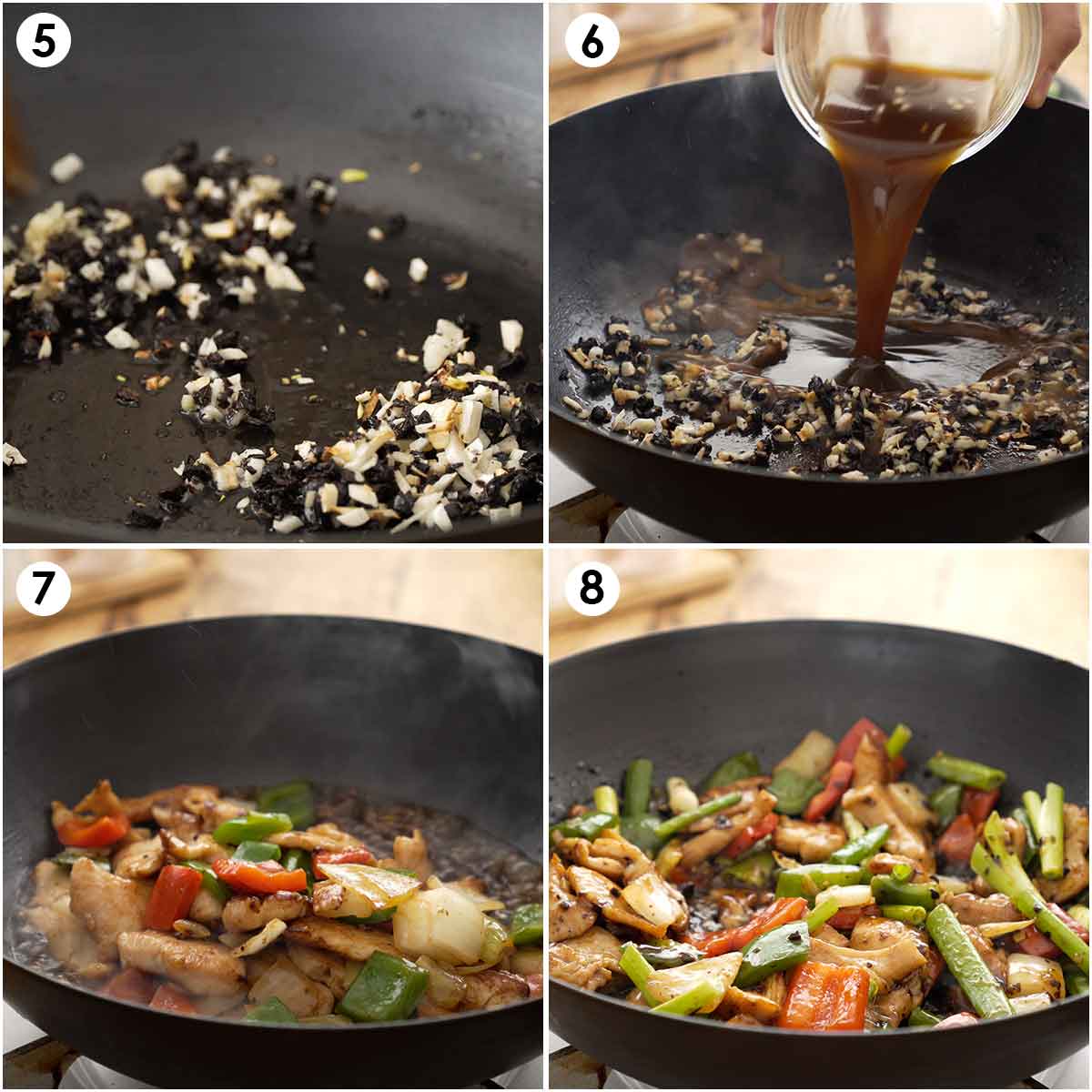 4 image collage showing how to cook black bean sauce with garlic, chicken, and vegetables. 