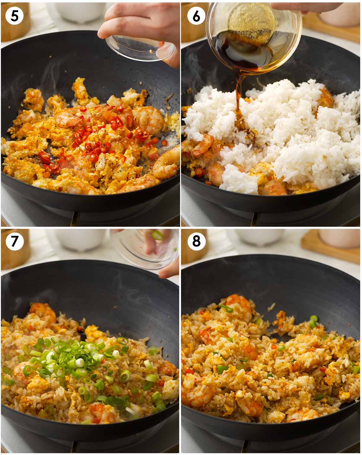 4 image collage showing how to stir fry Thai fried rice with prawns and eggs. 