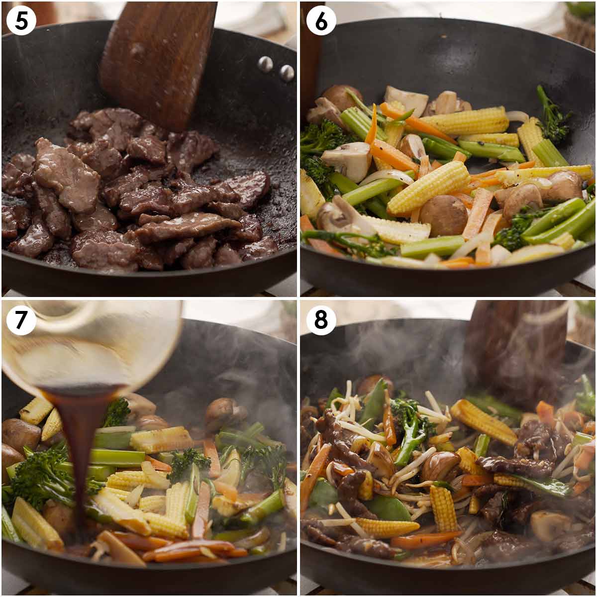 4 image collage showing how to stir fry beef and vegetables with sauce.