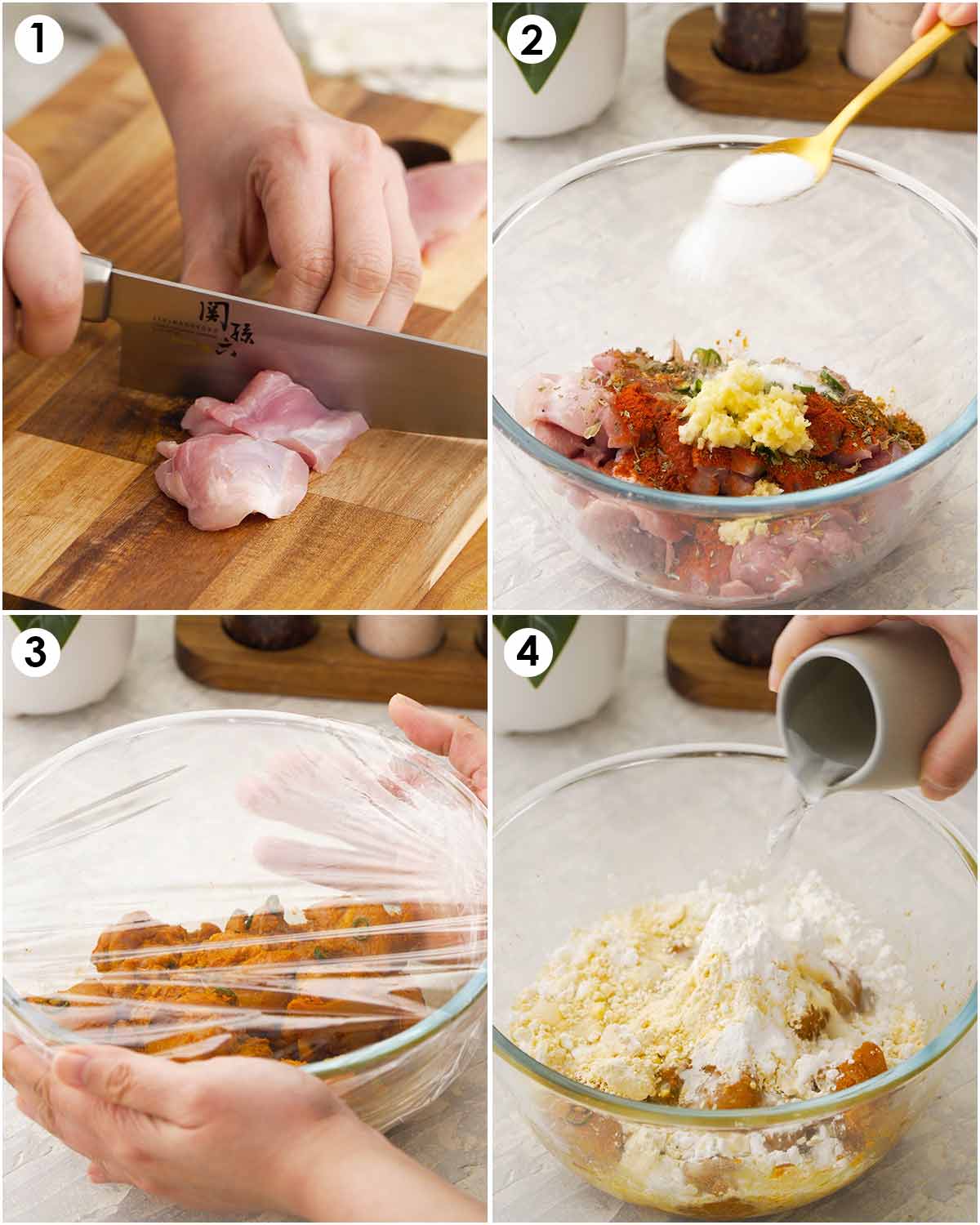 4 image collage showing how to prepare and marinate the chicken pieces. 