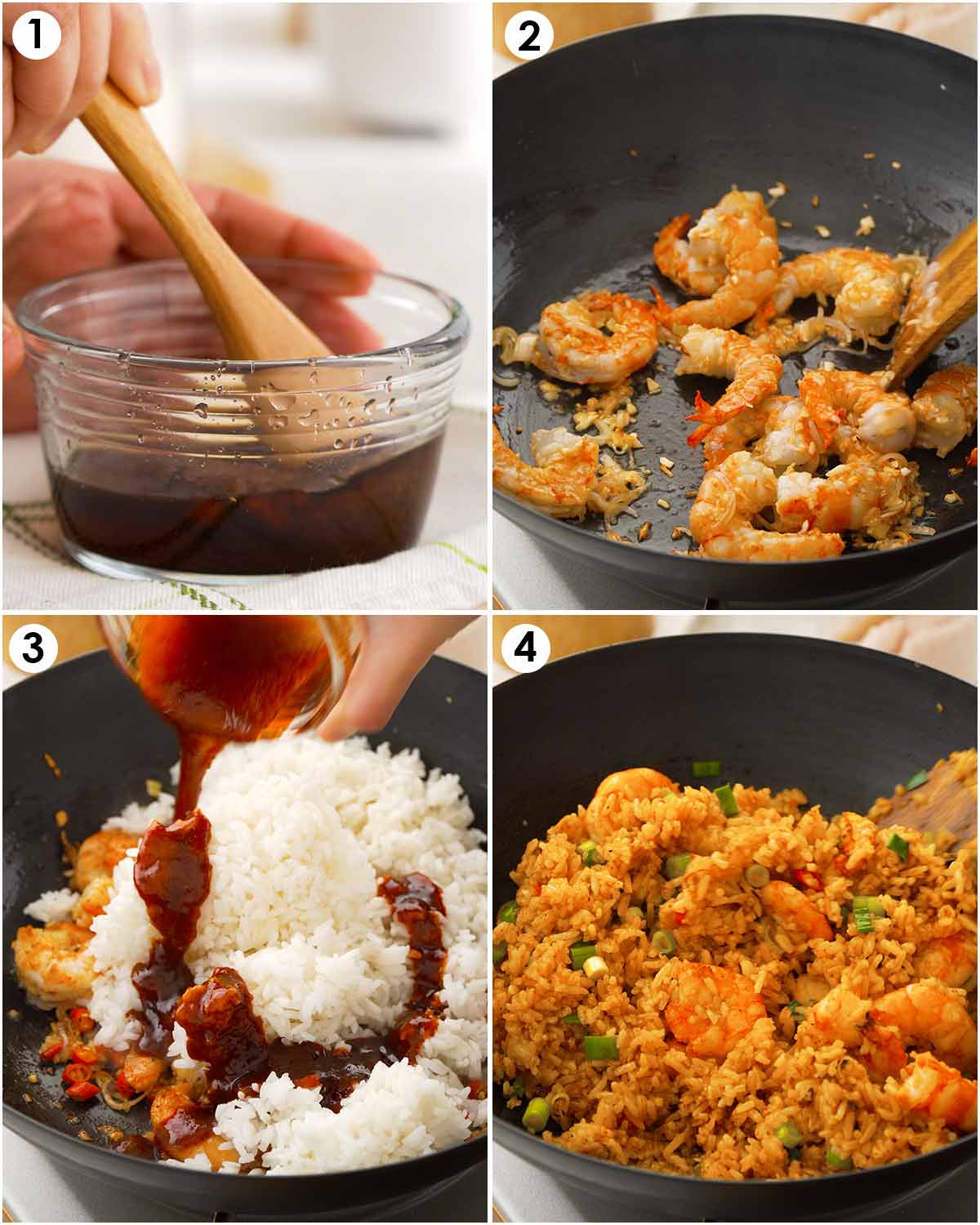 4 image collage showing how to prepare fried rice and how to stir fry it in the wok. 