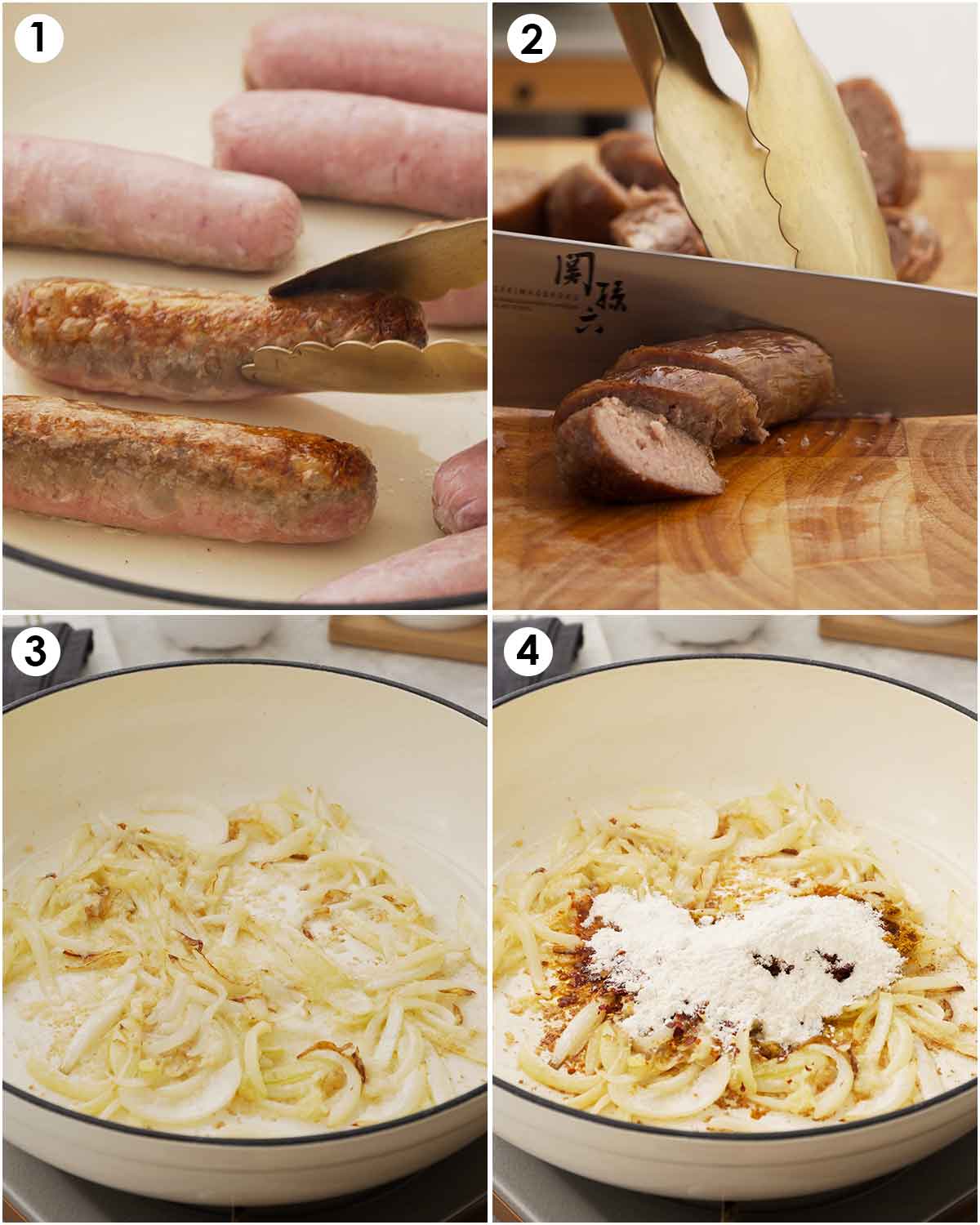 4 image collage showing how to brown sausages and how to saute onion and spices.