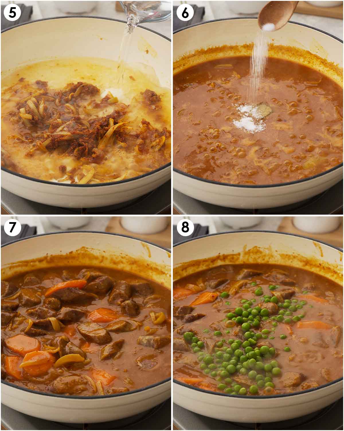 4 image collage showing how to cook curry sauce with sausages, carrots, and peas. 