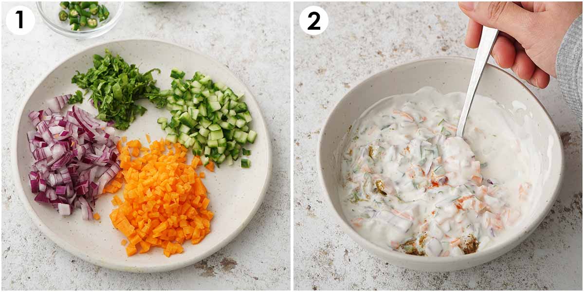 2 image collage showing how to prepare vegetables and how to combine them with yoghurt and seasonings.