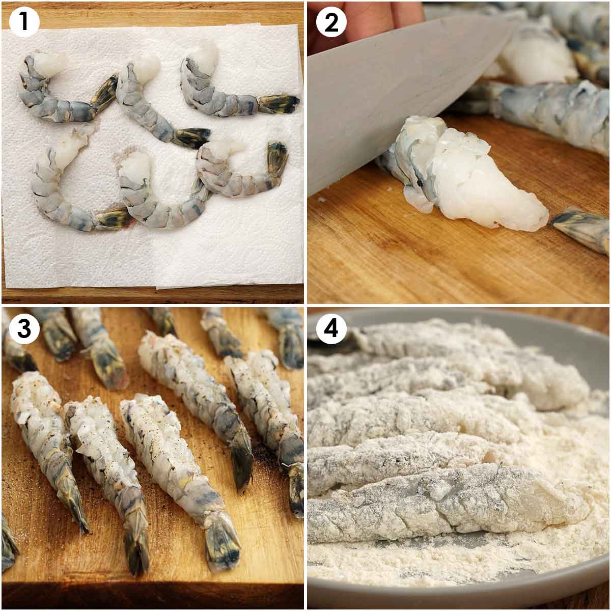 4 image collage showing how to prepare prawns. 