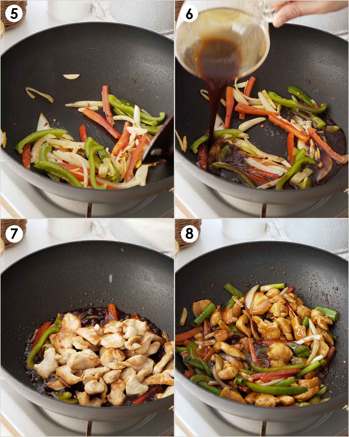 4 image collage showing how to cook chicken with vegetables and hoisin sauce.