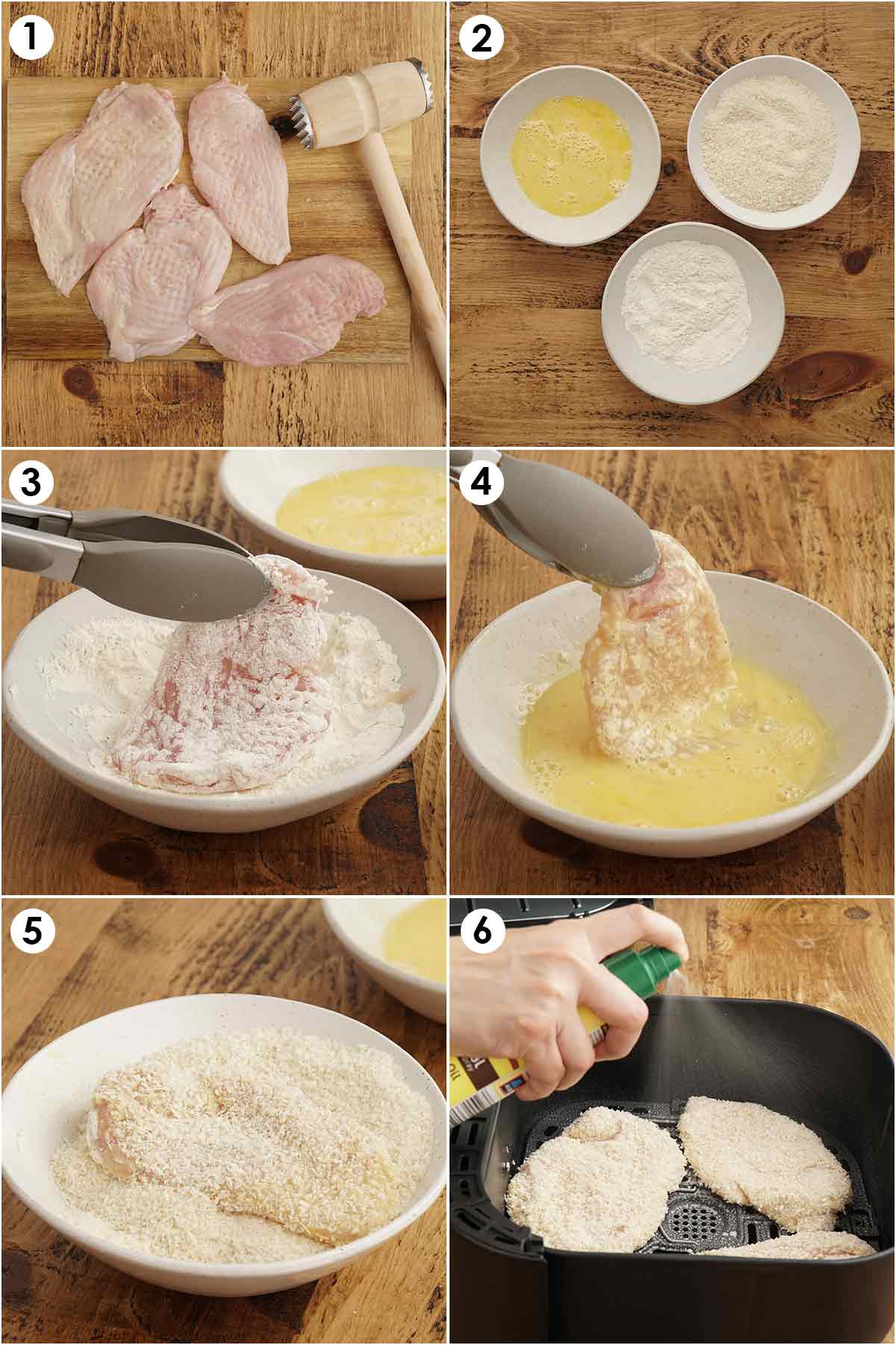 6 image collage showing how to prepare panko fried chicken