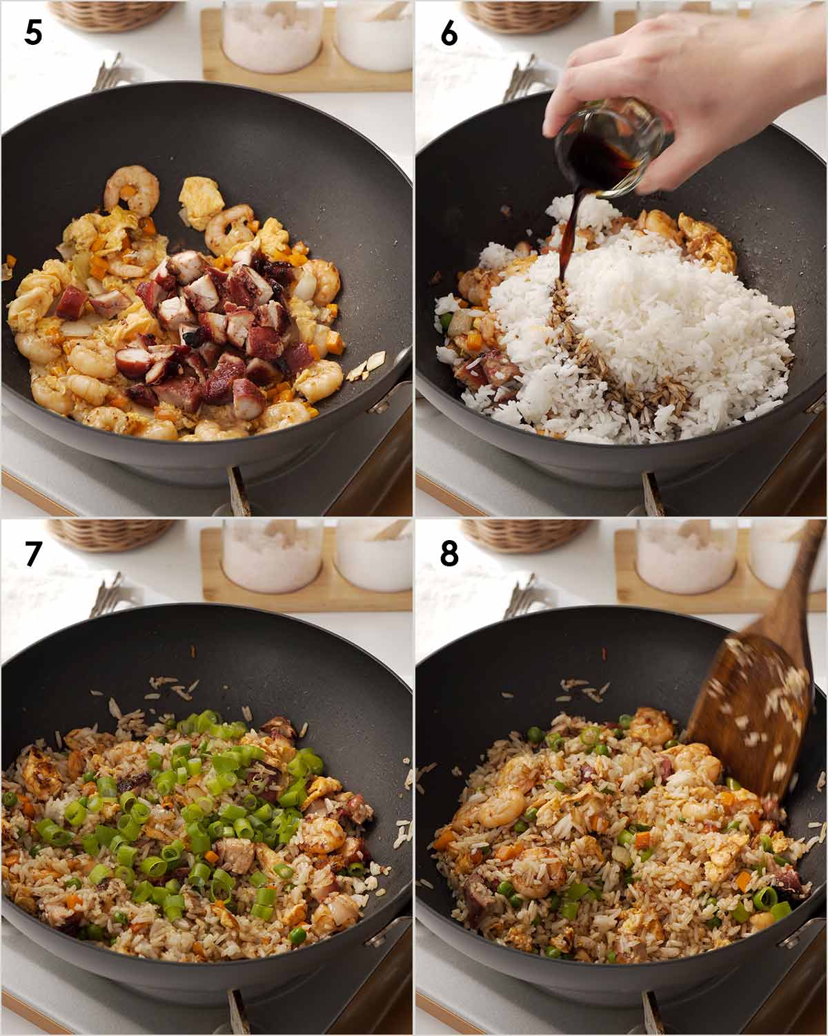 4 image college showing how to stir fry rice with prawns, char siu, egg, and peas. 