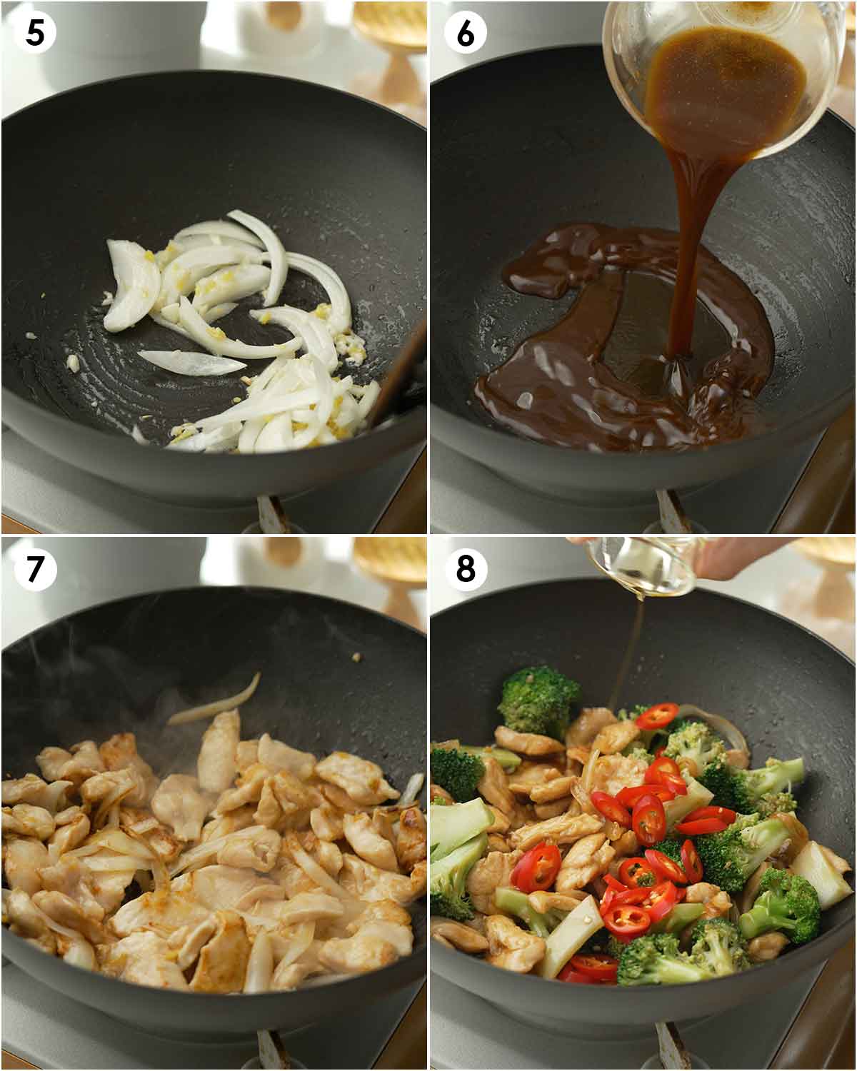 4 image collage showing how to stir fry chicken and broccoli with  brown colour sauce. 