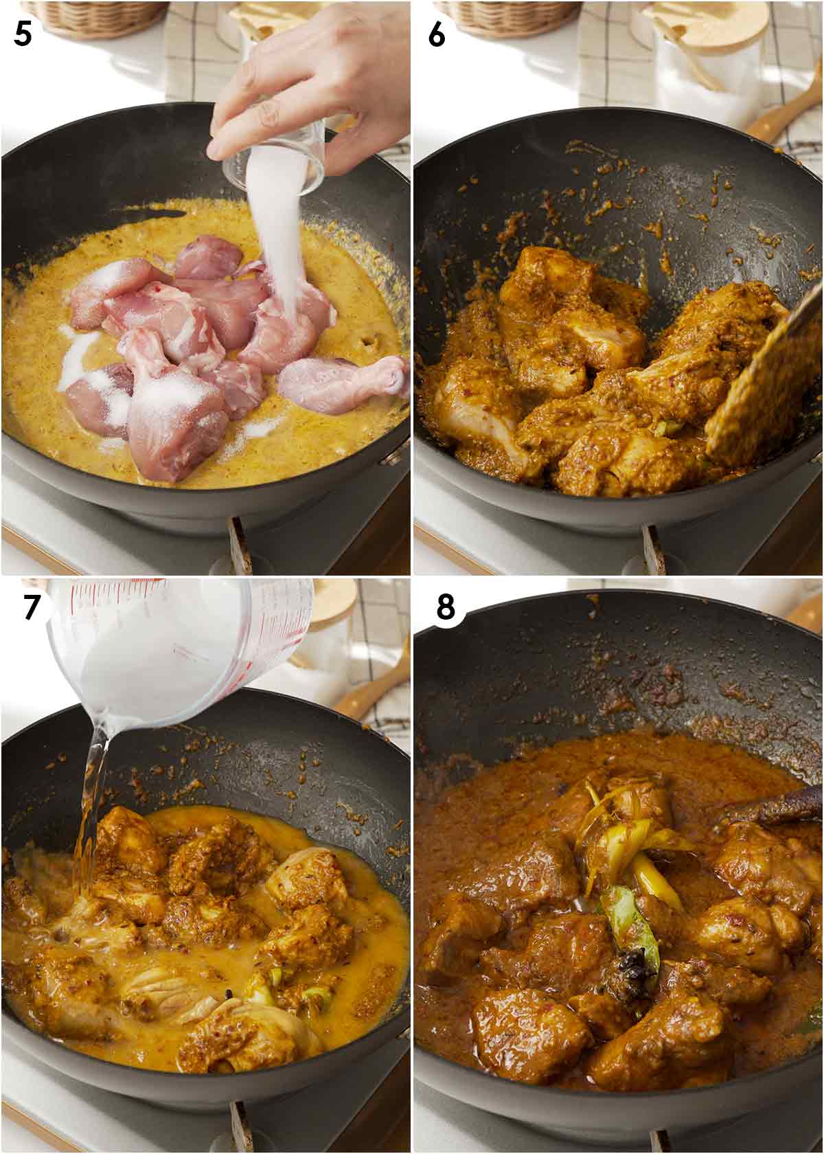 Four image collage showing how to prepare the chicken curry
